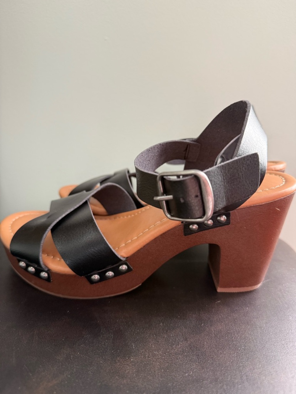 torrid Black Leather Platform Sandals with Brown Wood-Look Heel